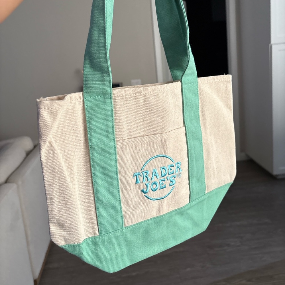 Trader Joe’s Spring Collection: Teal and Beige Tote with Blue Embroidered Logo